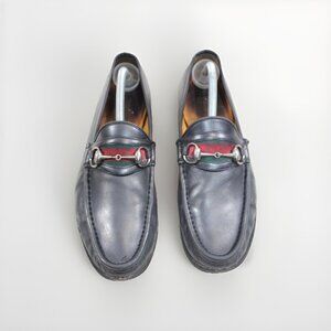 Gucci 1953 Style Web Horsebit Loafer Heels Black Leather Mens Size 10 D